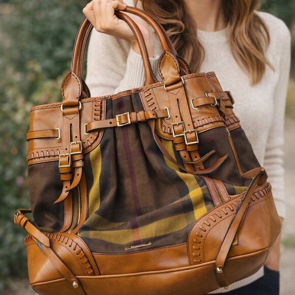 Burberry Handbags - Burberry Prorsum House Check Canvas Tote Chrome Yellow Bridle Leather Large